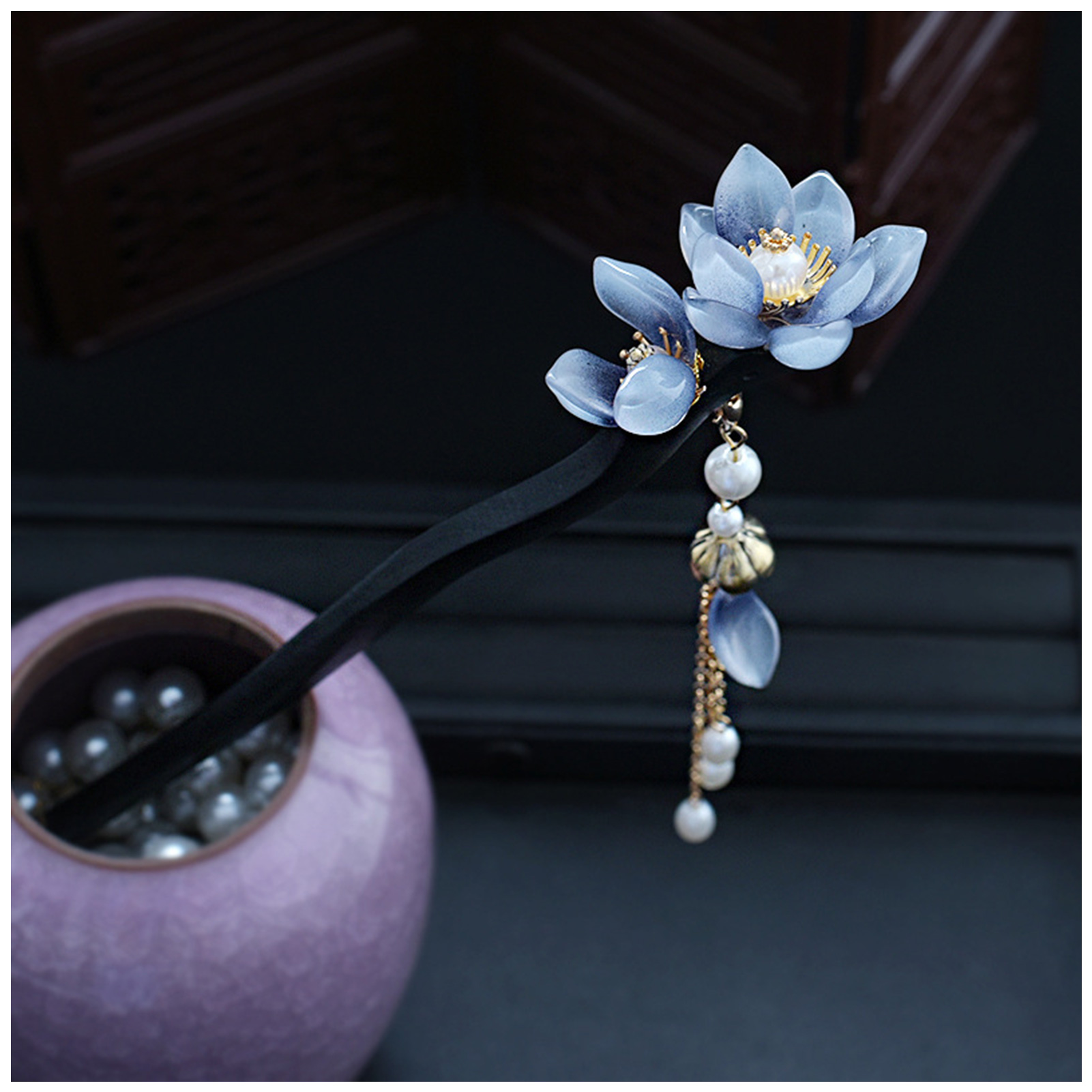 Supply Florist - Blue Flower Hair Stick Vintage Pearl