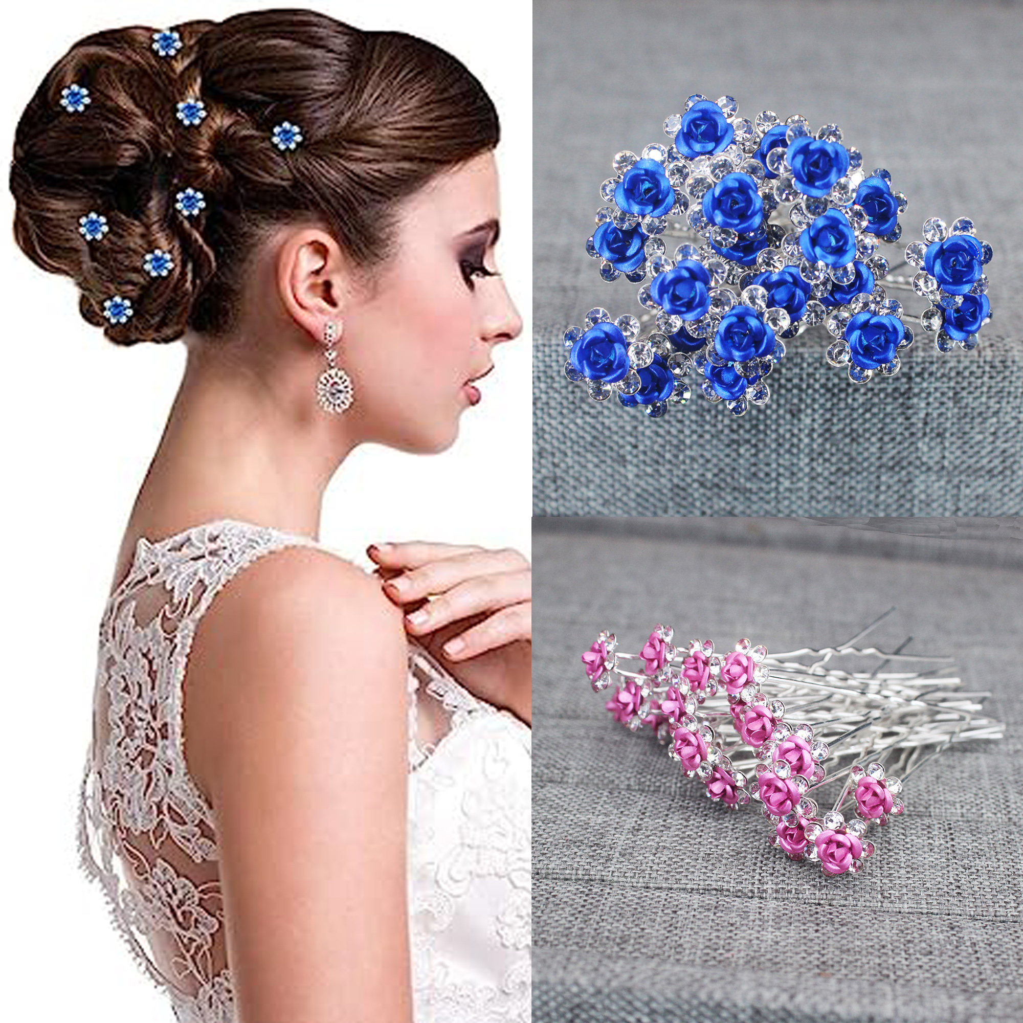 Supply Florist - 20PCS Rose Flower Rhinestone Hairpins Crystal